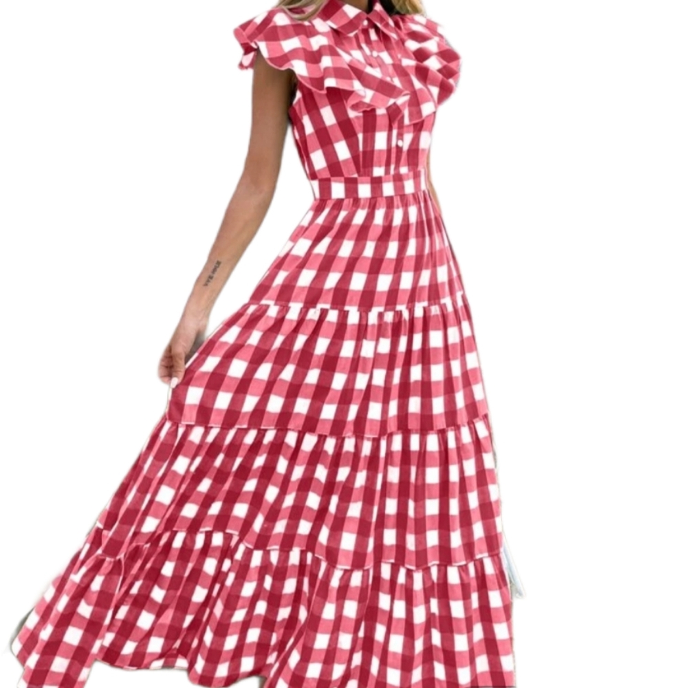 VTG Cottagecore Red Ruffled Gingham Plaid Maxi Dress Size S - Picture 1 of 11